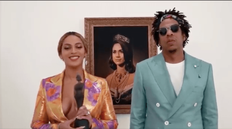 Beyonce and Jay-Z accept BRIT award in front of Meghan Markle portrait Beyonce and Jay-Z accept BRIT award in front of Meghan Markle portrait