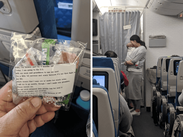 Mum hands out 200 goodie bags to passengers on flight as preemptive apology for baby crying Mum hands out 200 goodie bags to passengers on flight as preemptive apology for baby crying