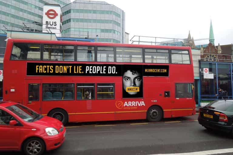 ‘Michael Jackson innocent’ adverts appear on London buses ‘Michael Jackson innocent’ adverts appear on London buses
