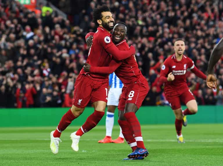 Naby Keita celebrates Liverpool’s comeback win at home in his kit Naby Keita celebrates Liverpool’s comeback win at home in his kit