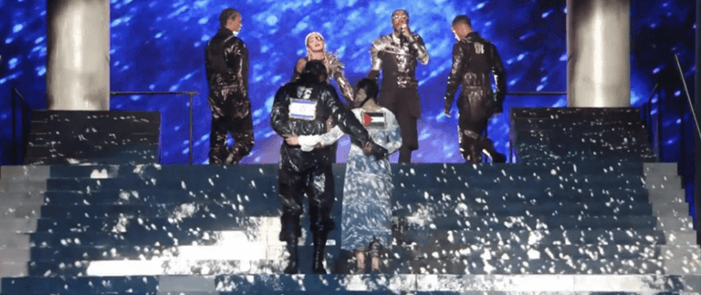 Madonna uses Eurovision Song Contest to make subtle political statement about Palestine and Israel Madonna uses Eurovision Song Contest to make subtle political statement about Palestine and Israel