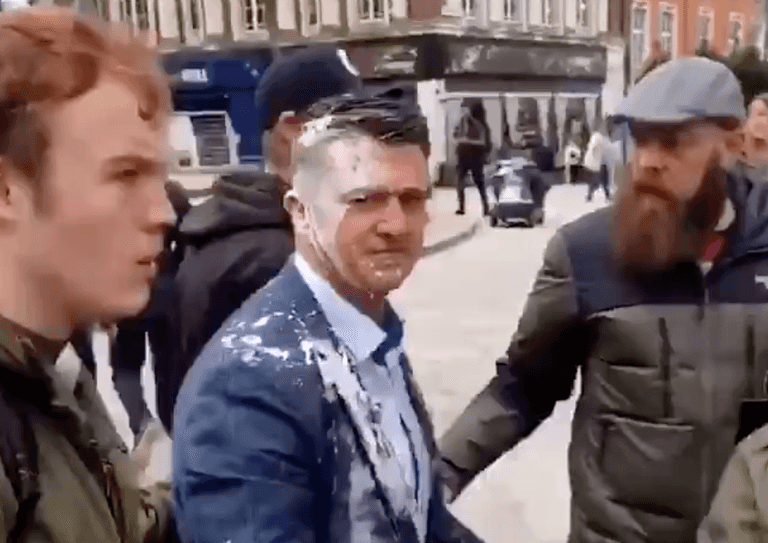 Tommy Robinson has milkshake thrown over him during Warrington visit Tommy Robinson has milkshake thrown over him during Warrington visit