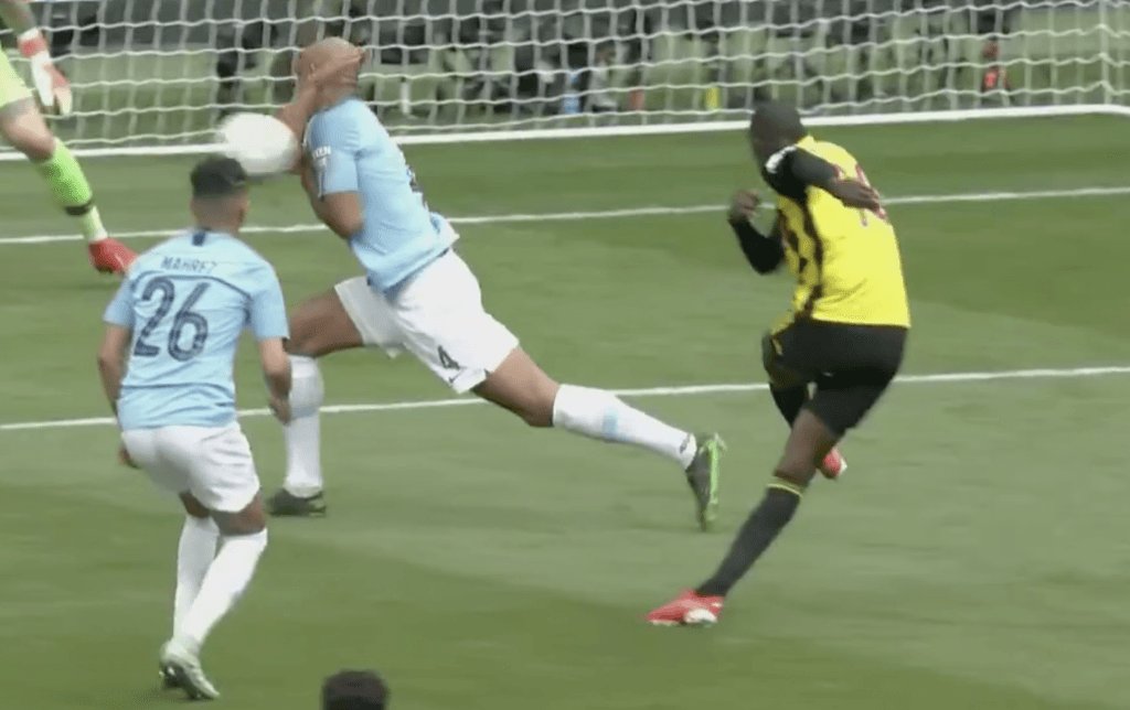 Watford denied penalty as ball hits Vincent Kompany’s arm