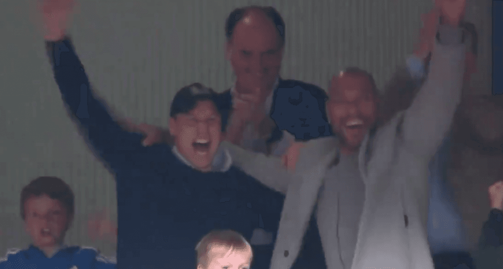 Prince William celebrates with John Carew as Aston Villa clinch promotion