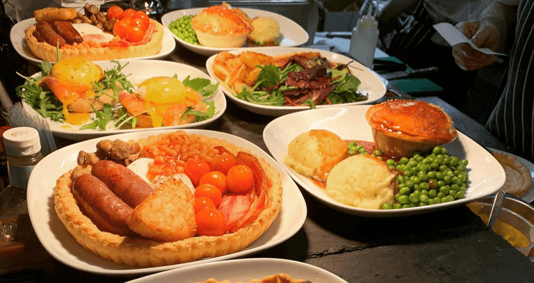 Eating a full English breakfast inside of a pie Eating a full English breakfast inside of a pie