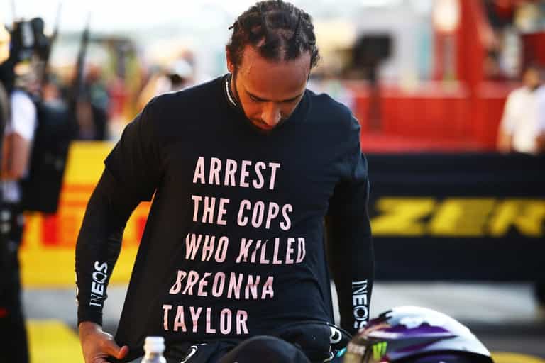 Lewis Hamilton wears Breonna Taylor t-shirt after Tuscan GP win Lewis Hamilton wears Breonna Taylor t-shirt after Tuscan GP win