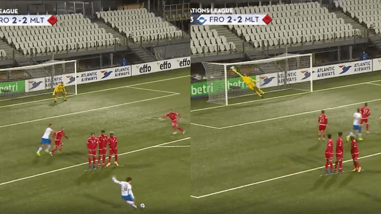 Faroe Islands midfielder scores ridiculous free-kick to clinch last minute victory Faroe Islands midfielder scores ridiculous free-kick to clinch last minute victory