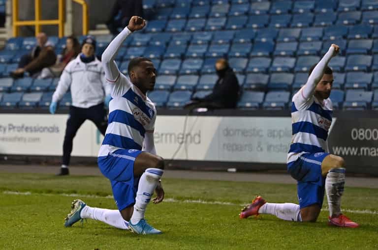 QPR players celebrate goal by taking a knee in front of Millwall fans QPR players celebrate goal by taking a knee in front of Millwall fans