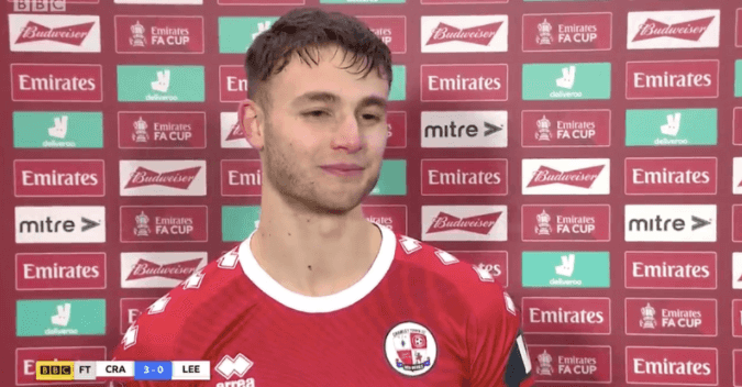 Crawley Town player breaks down in tears after FA Cup win over Leeds Crawley Town player breaks down in tears after FA Cup win over Leeds