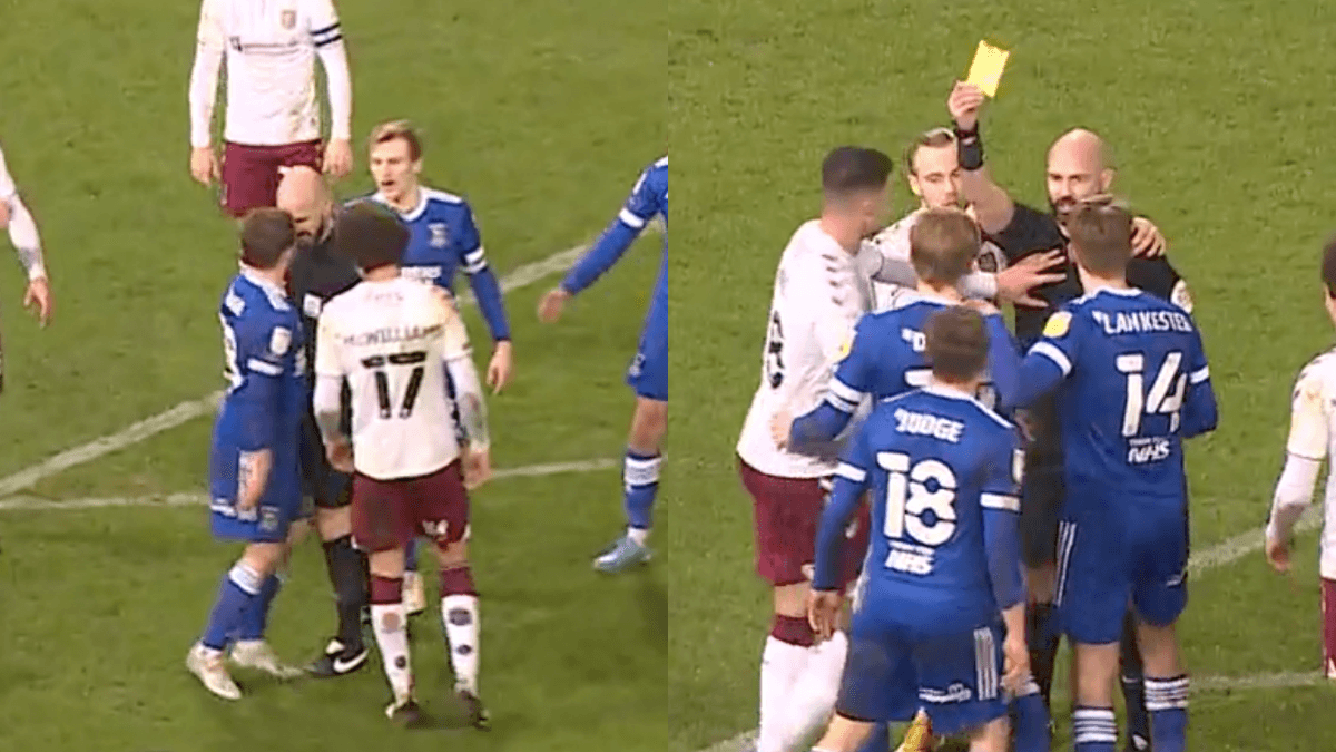 Referee squares up to Ipswich Town player in bizarre altercation