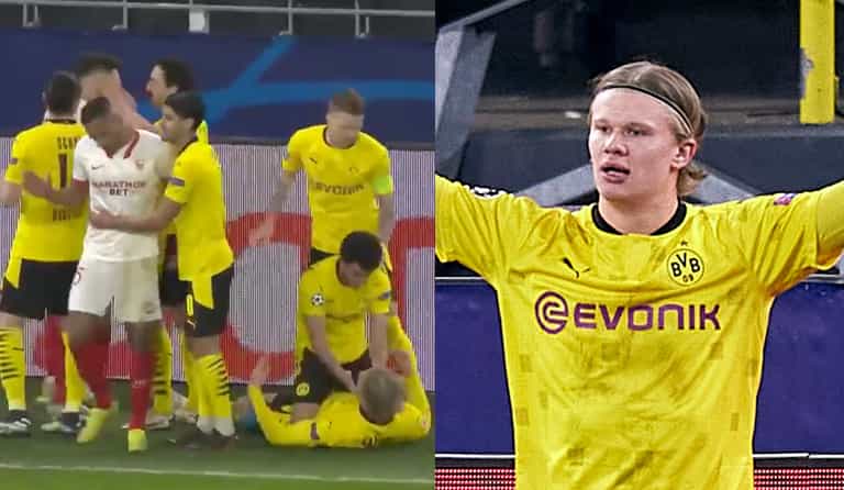 Erling Haaland angers Sevilla players by taunting goalkeeper after scoring penalty Erling Haaland angers Sevilla players by taunting goalkeeper after scoring penalty