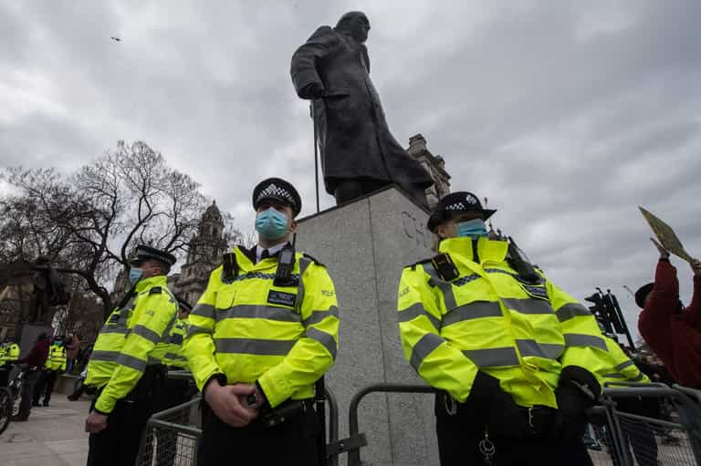 Police ridiculed for guarding Churchill statue at Kill the Bill protest Police ridiculed for guarding Churchill statue at Kill the Bill protest
