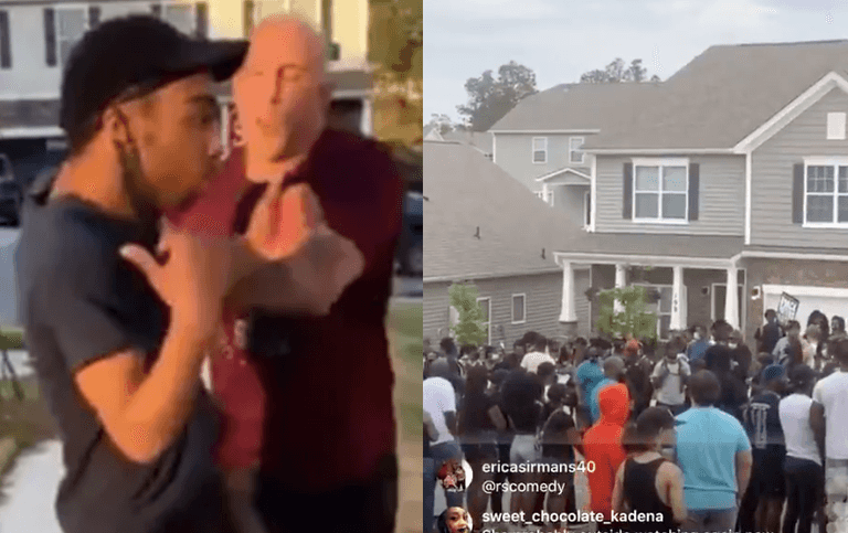 Black Lives Matter protesters gather at home of soldier seen shoving Black man on his street Black Lives Matter protesters gather at home of soldier seen shoving Black man on his street