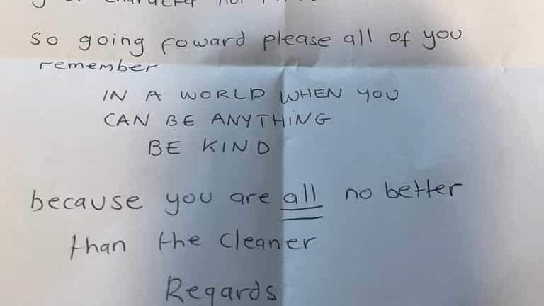 Cleaner leaves powerful note to her ‘awful’ manager on day of retirement Cleaner leaves powerful note to her ‘awful’ manager on day of retirement