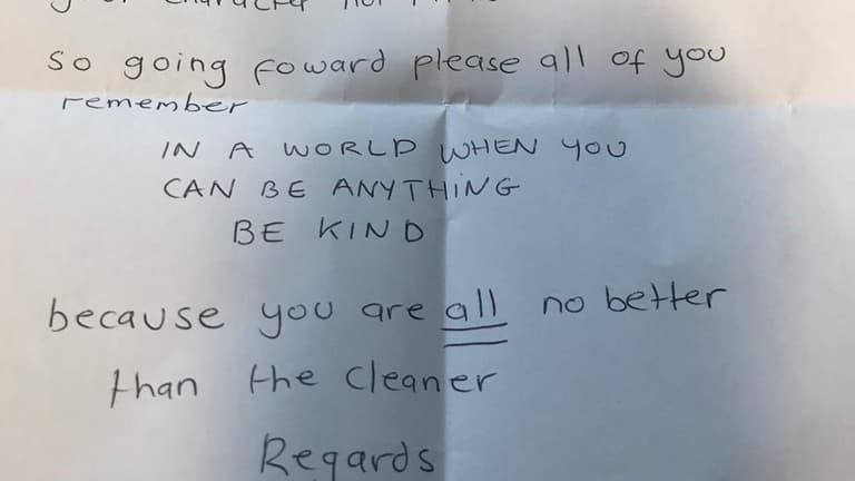 Cleaner leaves powerful note to her ‘awful’ manager on day of retirement Cleaner leaves powerful note to her ‘awful’ manager on day of retirement