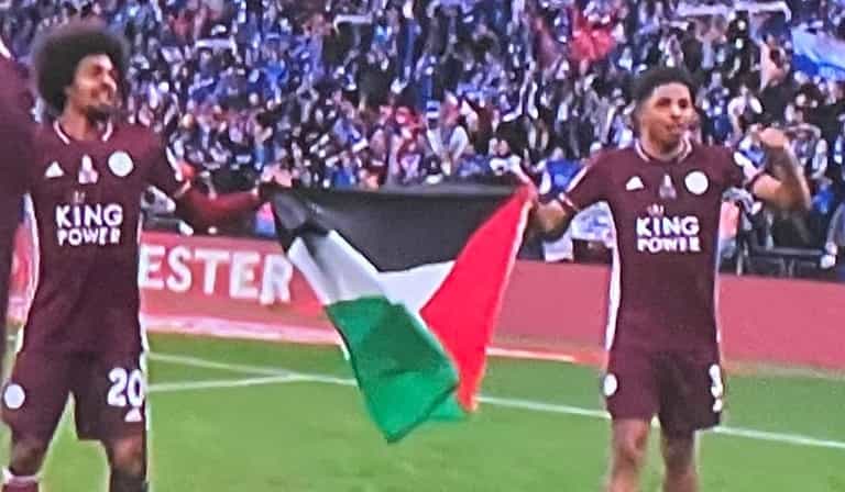 Leicester duo unveil Palestine flag during FA Cup final celebrations Leicester duo unveil Palestine flag during FA Cup final celebrations