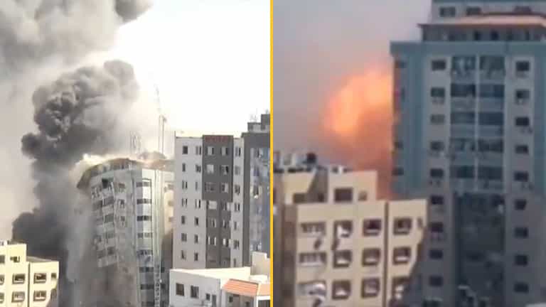 Al-Jalaa tower block in Gaza is flattened by Israeli airstrikes Al-Jalaa tower block in Gaza is flattened by Israeli airstrikes