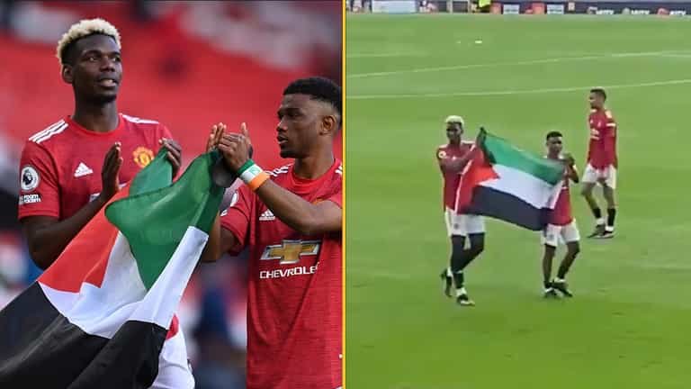 Paul Pogba and Amad Diallo unfurl Palestine flag after final Man Utd home game Paul Pogba and Amad Diallo unfurl Palestine flag after final Man Utd home game
