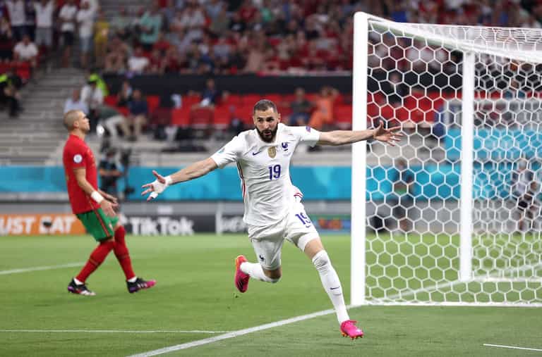 Both of Karim Benzema’s goals vs Portugal were scored on the 46th minute, 44 seconds Both of Karim Benzema’s goals vs Portugal were scored on the 46th minute, 44 seconds