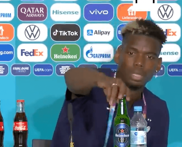 Pogba removes Heineken bottle at Euro press conference Pogba removes Heineken bottle at Euro press conference