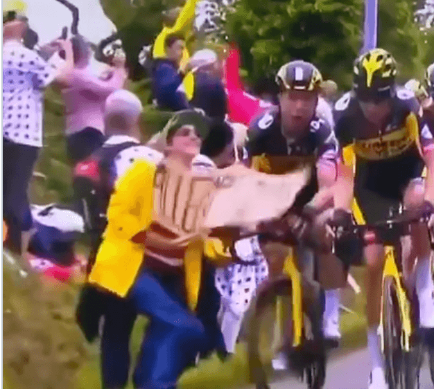 Fan brings down half of Tour De France racers with cardboard sign Fan brings down half of Tour De France racers with cardboard sign