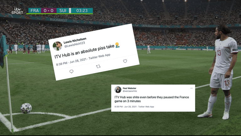 Viewers complain as ITV Hub stuck on third minute of France vs Switzerland Viewers complain as ITV Hub stuck on third minute of France vs Switzerland