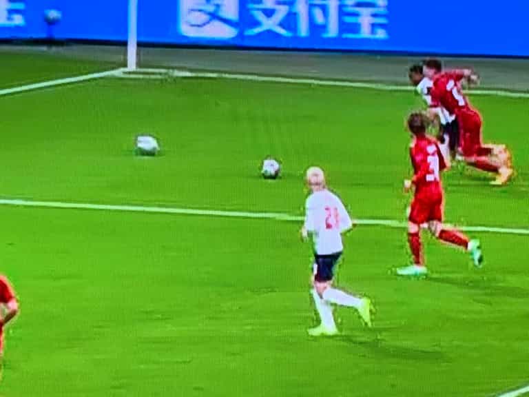 Fans notice a second ball on pitch just before England’s penalty against Denmark Fans notice a second ball on pitch just before England’s penalty against Denmark
