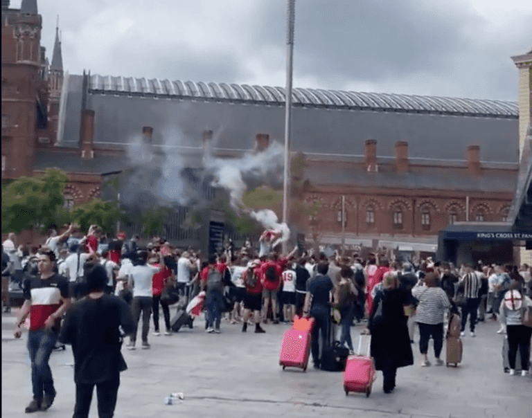 King’s Cross station closed after England fans set flares off outside King’s Cross station closed after England fans set flares off outside