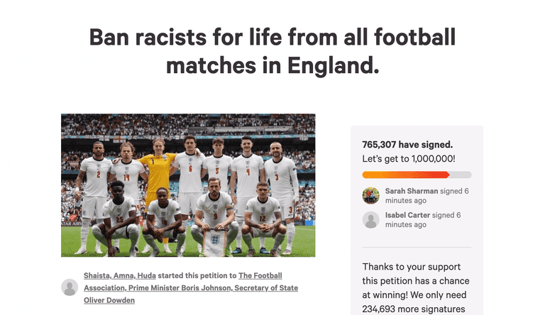 Over 800,000 sign petition to ban racists from football in England Over 800,000 sign petition to ban racists from football in England