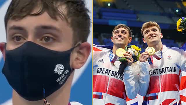 Emotional Tom Daley weeps with joy during gold medal presentation Emotional Tom Daley weeps with joy during gold medal presentation