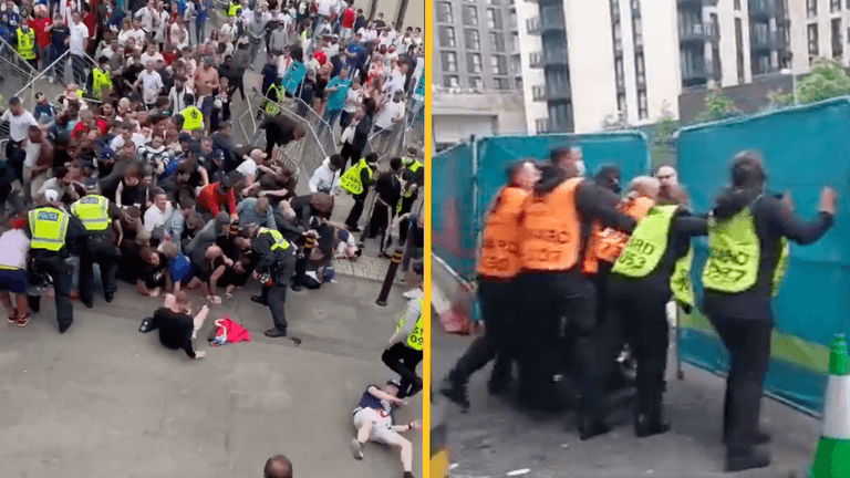 England fans try to storm into Wembley without tickets hours before kick-off England fans try to storm into Wembley without tickets hours before kick-off