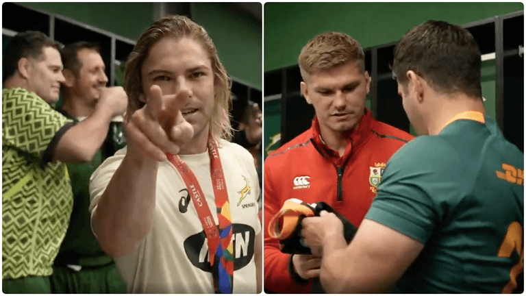 Post-match scenes from Springboks changing room show Owen Farrell’s big jersey swap Post-match scenes from Springboks changing room show Owen Farrell’s big jersey swap