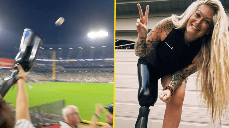 Woman catches home run ball in prosthetic leg during amazing baseball game moment Woman catches home run ball in prosthetic leg during amazing baseball game moment