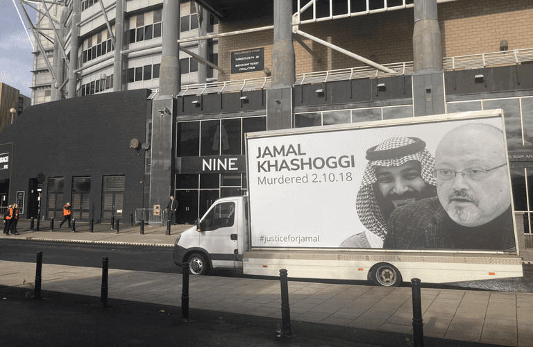 Justice for Jamal Khashoggi poster seen outside St James’ Park ahead of Newcastle game Justice for Jamal Khashoggi poster seen outside St James’ Park ahead of Newcastle game