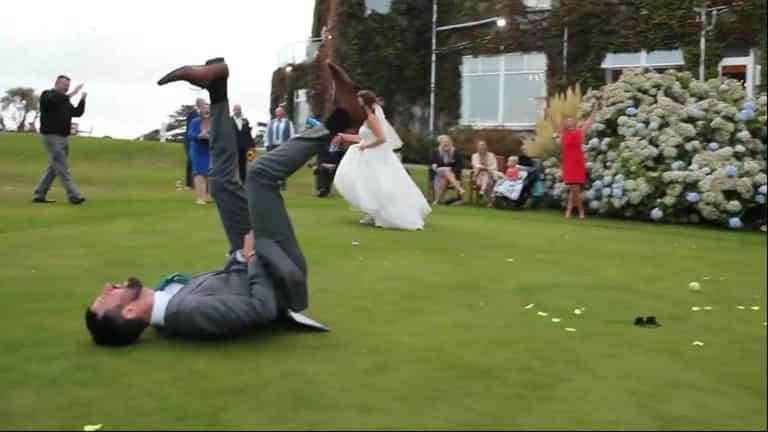 Bride whacks rounders ball into husband’s groin and leaves entire wedding party in hysterics Bride whacks rounders ball into husband’s groin and leaves entire wedding party in hysterics