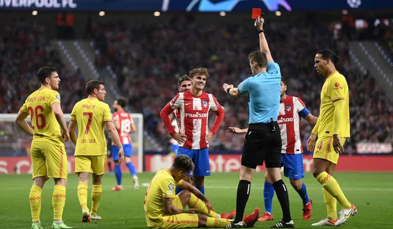 Griezmann shown straight red card for catching Roberto Firmino with high boot Griezmann shown straight red card for catching Roberto Firmino with high boot