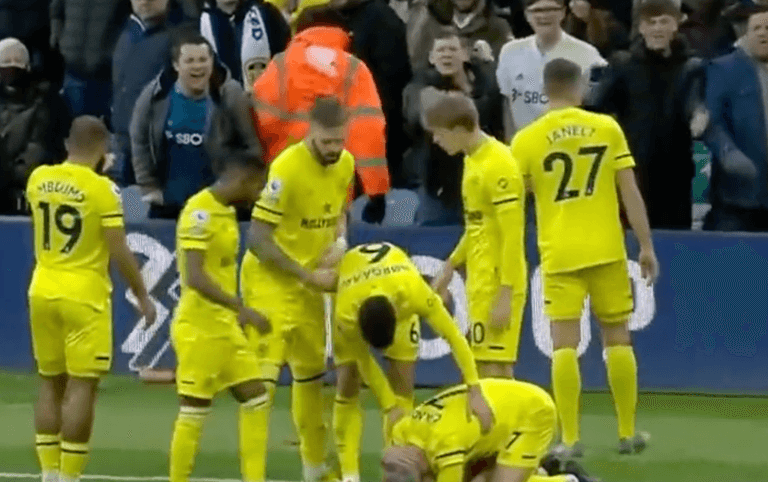 Brentford’s Sergi Canos struck by object during celebrations against Leeds Brentford’s Sergi Canos struck by object during celebrations against Leeds