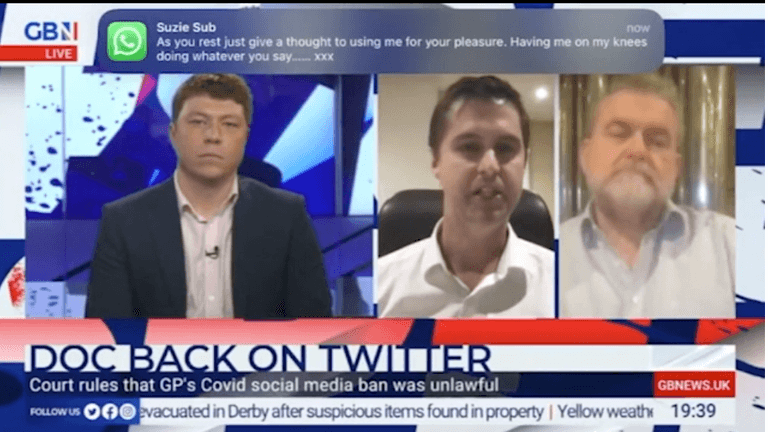 X-rated text from ‘Suzie sub’ pops up on live GB News interview with vaccine sceptic doctor X-rated text from ‘Suzie sub’ pops up on live GB News interview with vaccine sceptic doctor