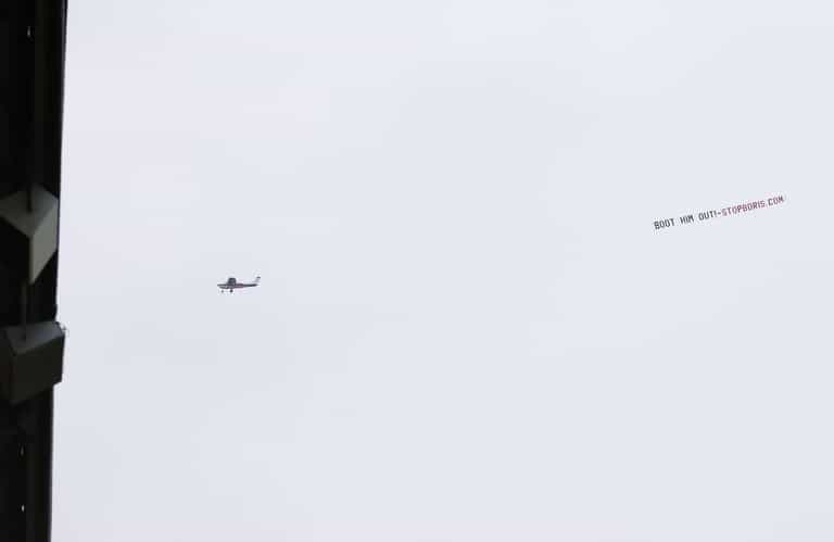 ‘Stop Boris’ banner flown over Old Trafford during Man United game ‘Stop Boris’ banner flown over Old Trafford during Man United game