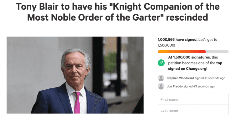 Tony Blair Knighthood: Petition to revoke former PM’s honour reaches 1m signatures Tony Blair Knighthood: Petition to revoke former PM’s honour reaches 1m signatures