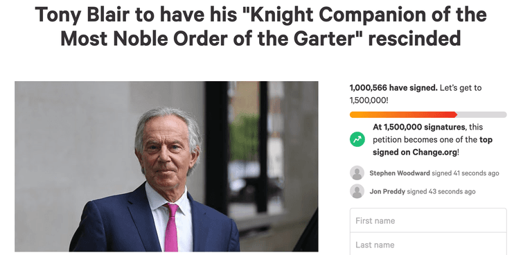 Tony Blair Knighthood: Petition to revoke former PM’s honour reaches 1m signatures Tony Blair Knighthood: Petition to revoke former PM’s honour reaches 1m signatures