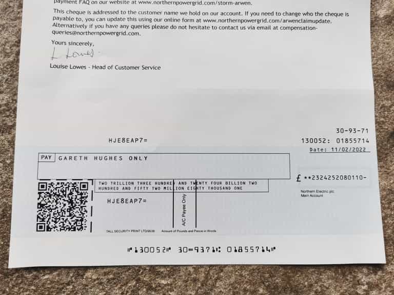 Man receives £2 trillion compensation cheque from Northern Powergrid Man receives £2 trillion compensation cheque from Northern Powergrid