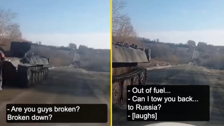 Hilarious video shows Ukrainian mocking stranded Russian troops – offers ‘tow back to Russia’ Hilarious video shows Ukrainian mocking stranded Russian troops – offers ‘tow back to Russia’