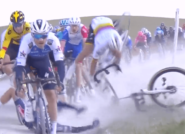 Cyclist sparks huge crash on wet first day of Strade Bianche race Cyclist sparks huge crash on wet first day of Strade Bianche race