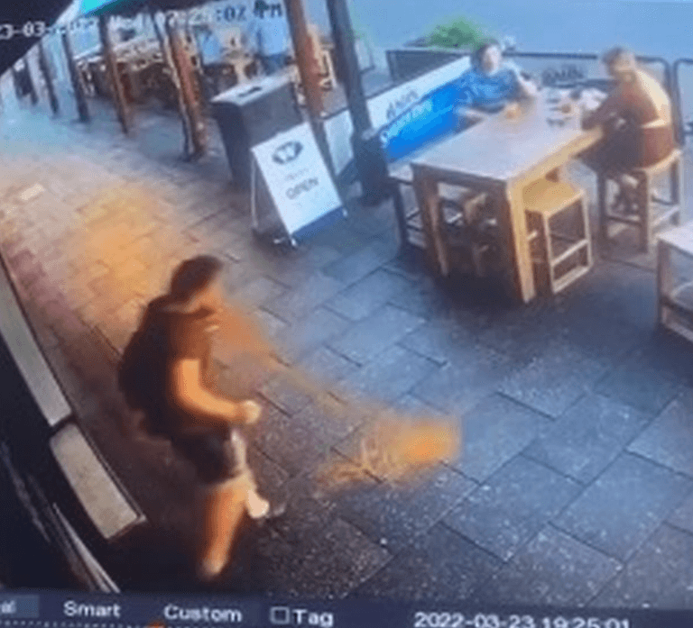 CCTV shows man throw up outside pub before hilariously slipping over in it CCTV shows man throw up outside pub before hilariously slipping over in it
