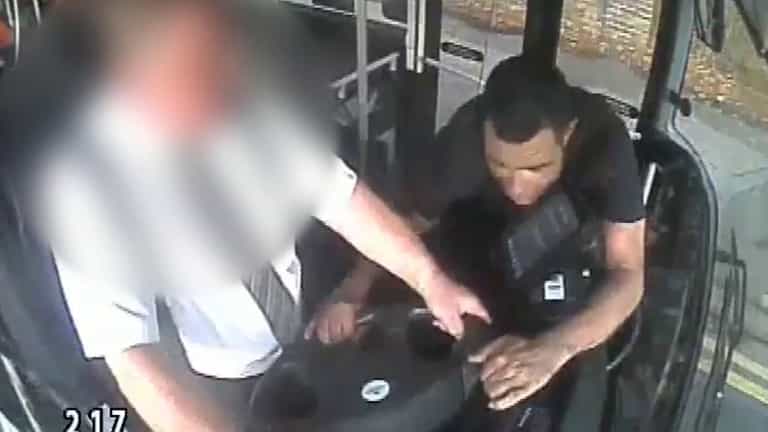 Shocking footage shows moment crazed passenger grabs bus steering wheel as it travels along road Shocking footage shows moment crazed passenger grabs bus steering wheel as it travels along road