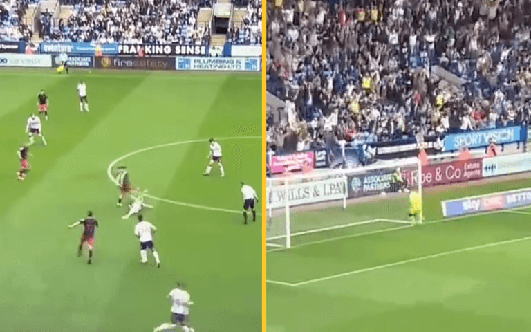 Bolton player scores with long-range block tackle Bolton player scores with long-range block tackle