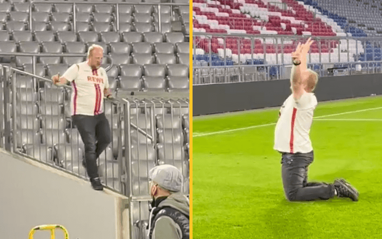 Drunk Köln FC fan sneaks onto Bayern Munich pitch after Villarreal win Drunk Köln FC fan sneaks onto Bayern Munich pitch after Villarreal win