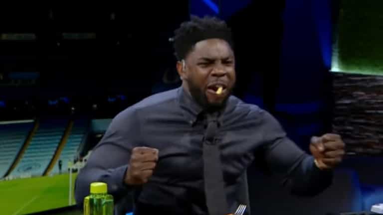 Micah Richards almost spills pasta celebrating Kevin De Bruyne’s goal vs Real Madrid Micah Richards almost spills pasta celebrating Kevin De Bruyne’s goal vs Real Madrid