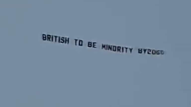 Plane flies over Man City vs Liverpool match with ‘British to be minority’ banner Plane flies over Man City vs Liverpool match with ‘British to be minority’ banner